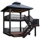 A two-story outdoor gazebo with a dark charcoal metal roof and frame, dark railings, and brown wooden steps and flooring, shown on a solid white background.