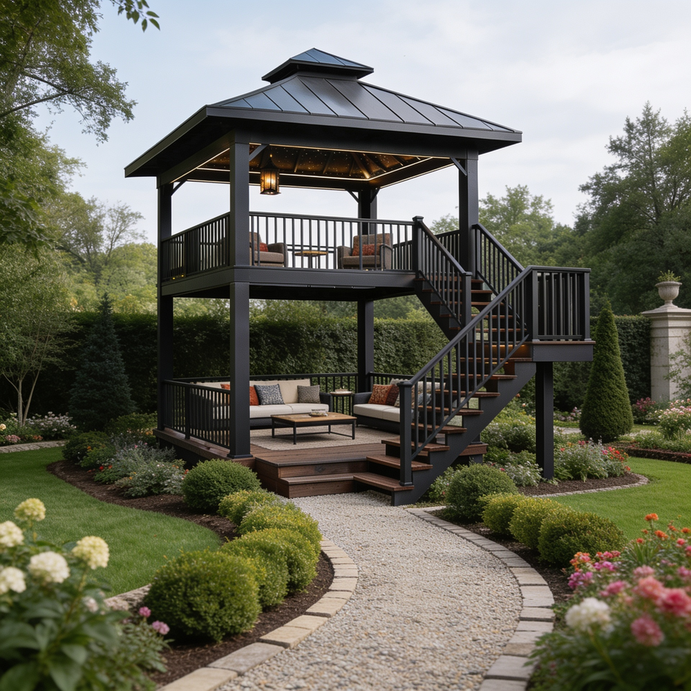 A two-story black metal gazebo with an attached staircase and outdoor seating, set in a landscaped garden with a gravel path leading up to it.