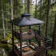 A two-level outdoor pavilion with a dark metal roof and railing, furnished with patio seating and a staircase, set in a dense forest environment.