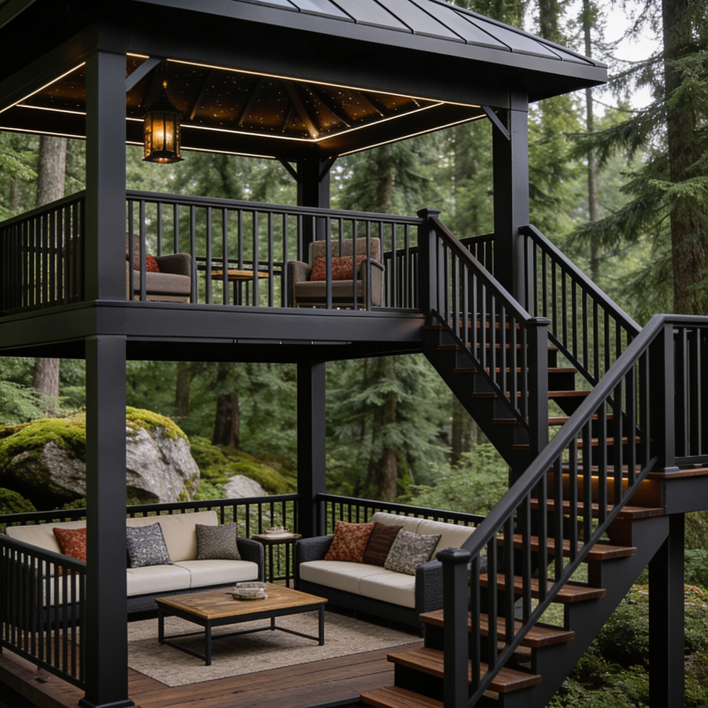 A two-level outdoor deck and staircase system in a forest setting, featuring a black metal railing and frame with wood-look steps. The upper level has a covered patio area with a hanging lantern, and the lower level is furnished with a sofa, coffee table, and rug.
