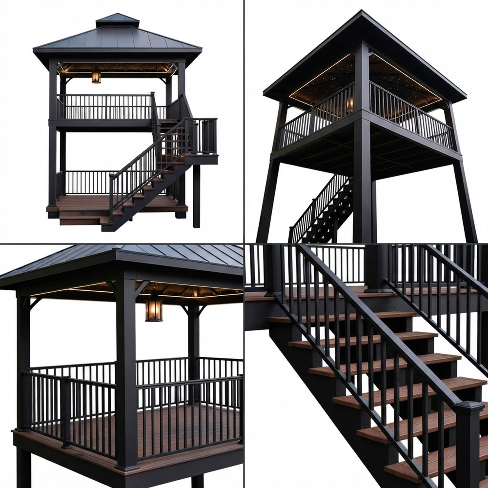 A four-panel product collage showing a black wooden gazebo with an elevated platform, open roof, built-in staircase, and warm hanging lantern lights, isolated on a white background.