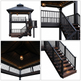 A four-panel collage showing a dark outdoor gazebo and staircase set from multiple angles, including a full front view, close-up of the staircase railing, interior ceiling view with warm lights, and a staircase angle with integrated lighting. The product is isolated on a white background.