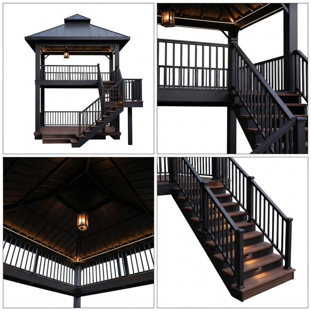 A four-panel collage showing a dark outdoor gazebo and staircase set from multiple angles, including a full front view, close-up of the staircase railing, interior ceiling view with warm lights, and a staircase angle with integrated lighting. The product is isolated on a white background.