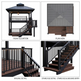 A four-panel architectural product diagram showing a black outdoor deck gazebo and staircase system. The panels are labeled FRONT ELEVATION, PLAN VIEW, RAILING DETAIL, and STAIRCASE DETAIL - STAIRCASE & GROUND ENTRY, with clean white backgrounds and black framing.