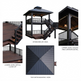Composite product diagram showing a dark wooden deck gazebo with stairs and an elevated ceiling detail, plus labeled views including standard 3/4 view, upper level ceiling and lantern detail, lower level detail close-up, and top orthographic view.