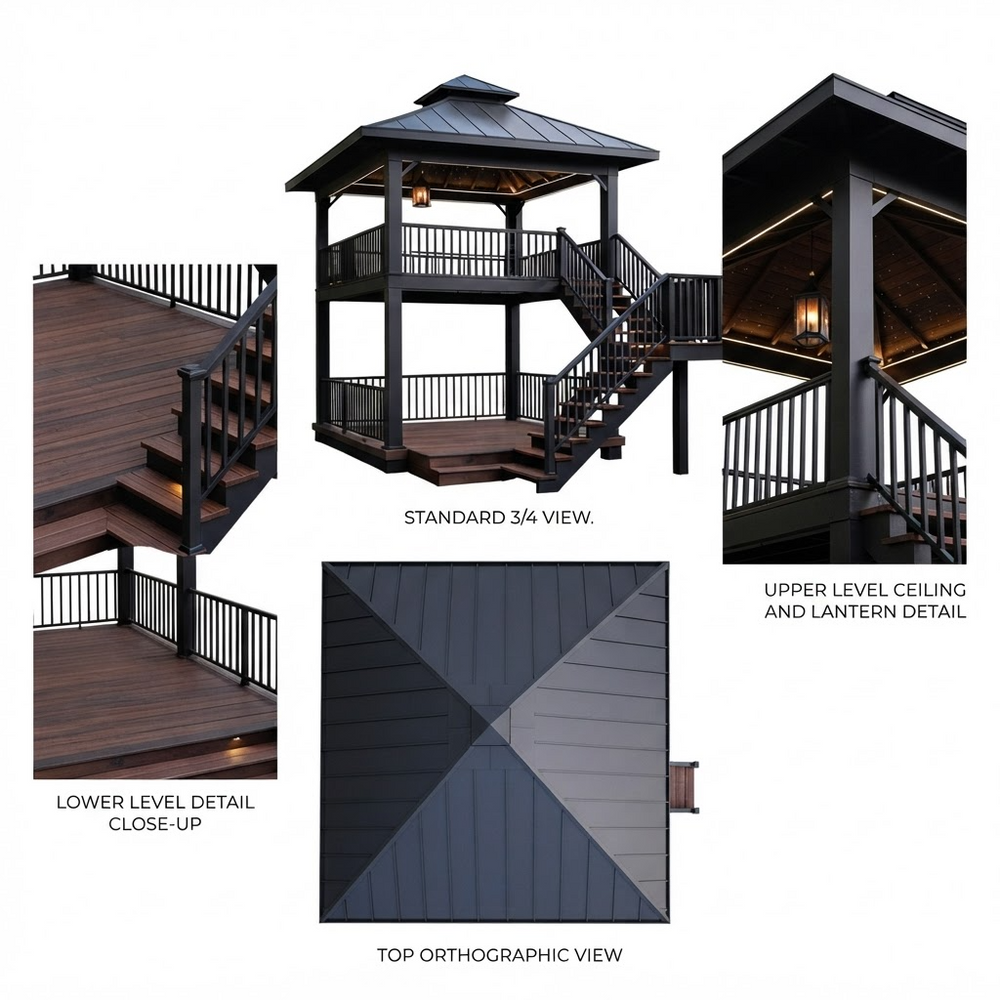 Composite product diagram showing a dark wooden deck gazebo with stairs and an elevated ceiling detail, plus labeled views including standard 3/4 view, upper level ceiling and lantern detail, lower level detail close-up, and top orthographic view.