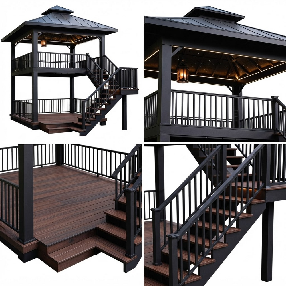 A dark wooden outdoor pavilion with an elevated deck, staircase, and black metal railings, shown from multiple angles on a white background.