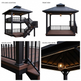 Four-panel product diagram of a dark outdoor gazebo with stairs and deck flooring, showing eye-level elevation, front view, railing detail, and ceiling light detail on a white background.