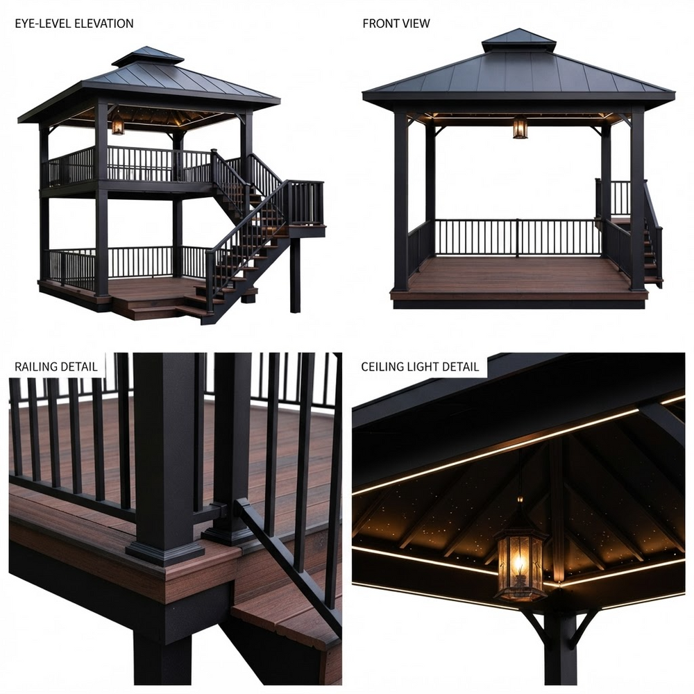 Four-panel product diagram of a dark outdoor gazebo with stairs and deck flooring, showing eye-level elevation, front view, railing detail, and ceiling light detail on a white background.