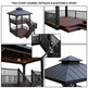 A collage showing a two-story gazebo/deck set from multiple angles, including the full elevated structure, close-ups of the dark metal roof, stairs, and railings, with the text 'TWO-STORY GAZEBO: DETAILED ELEVATIONS & VIEWS' at the top.