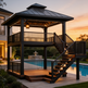 A two-tiered outdoor wooden gazebo with an attached staircase, shown beside a swimming pool at sunset. The gazebo has a dark charcoal metal roof and railing with warm interior lighting, set on a patio in a landscaped backyard.