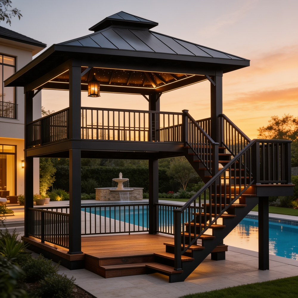 A two-tiered outdoor wooden gazebo with an attached staircase, shown beside a swimming pool at sunset. The gazebo has a dark charcoal metal roof and railing with warm interior lighting, set on a patio in a landscaped backyard.