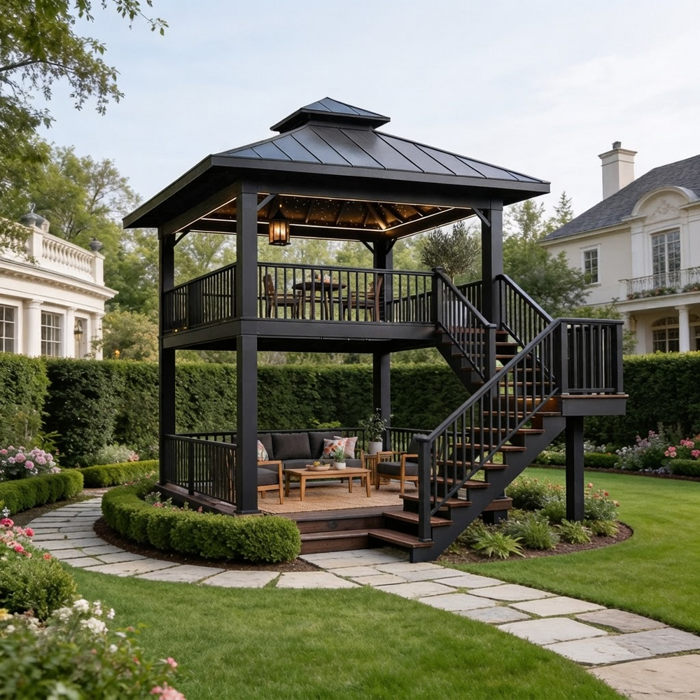A two-story black wooden gazebo with an attached staircase, situated in a beautifully landscaped garden with a stone pathway, manicured hedges, and large white villas in the background.
