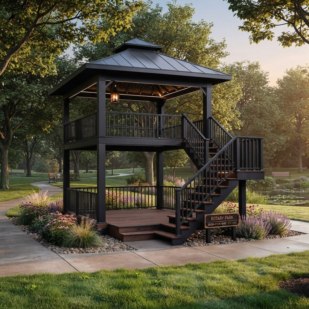 A two-story black metal gazebo with an attached staircase in a landscaped park setting at sunset.