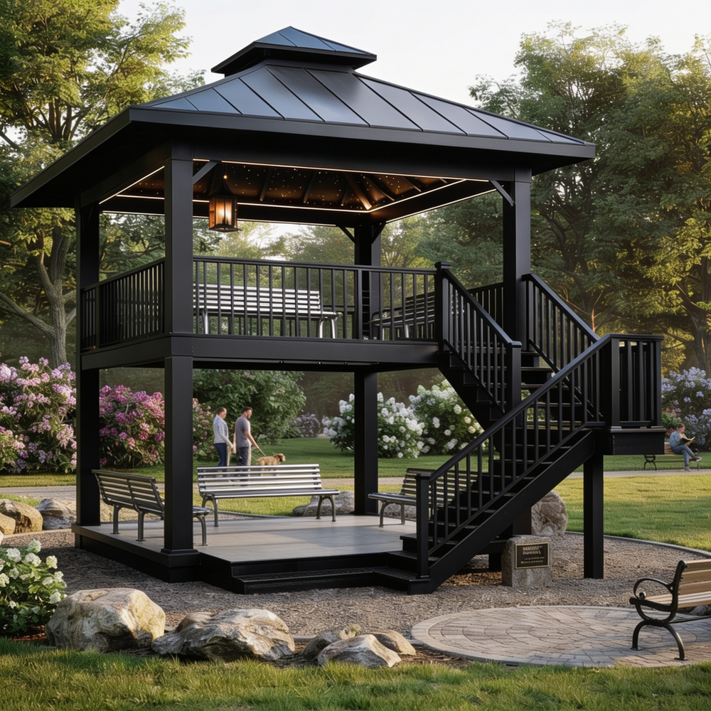A two-tiered black metal gazebo with an attached staircase in a landscaped park setting, featuring benches, trees, and a stone pathway.