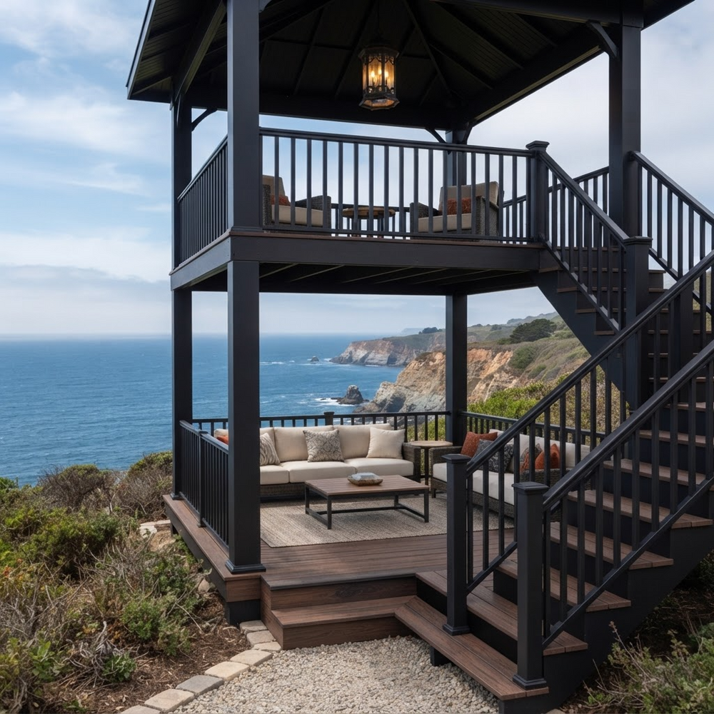 A coastal two-story screened porch with dark stained wood framing and staircase, furnished with a sofa and coffee table, overlooking the ocean and rocky cliffs.