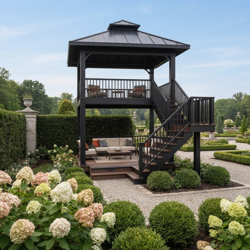 A two-level black wooden gazebo with an attached staircase and outdoor seating, set in a beautifully landscaped garden with trimmed hedges, hydrangeas, and a gravel pathway under a blue sky.