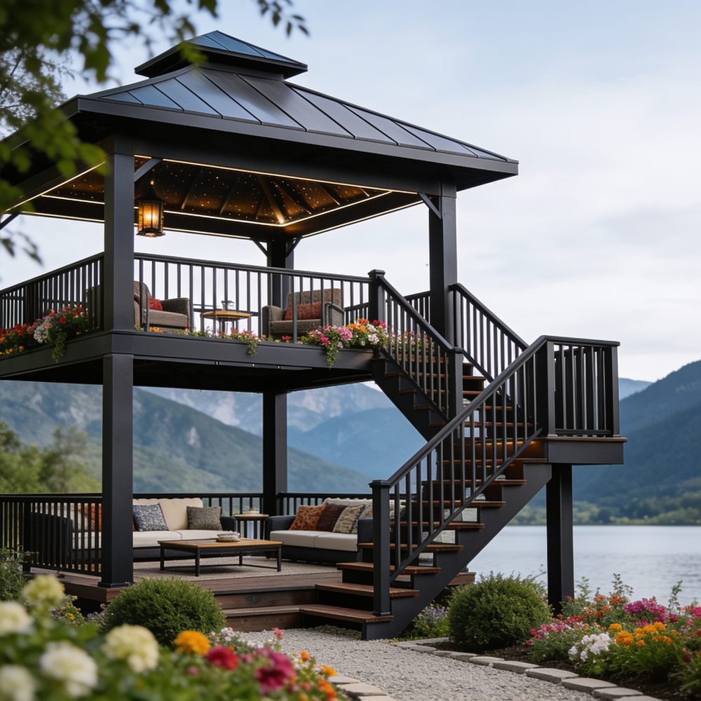 A large two-level outdoor gazebo deck with a staircase, black metal roof, and built-in seating, set against a scenic lake and mountain background.