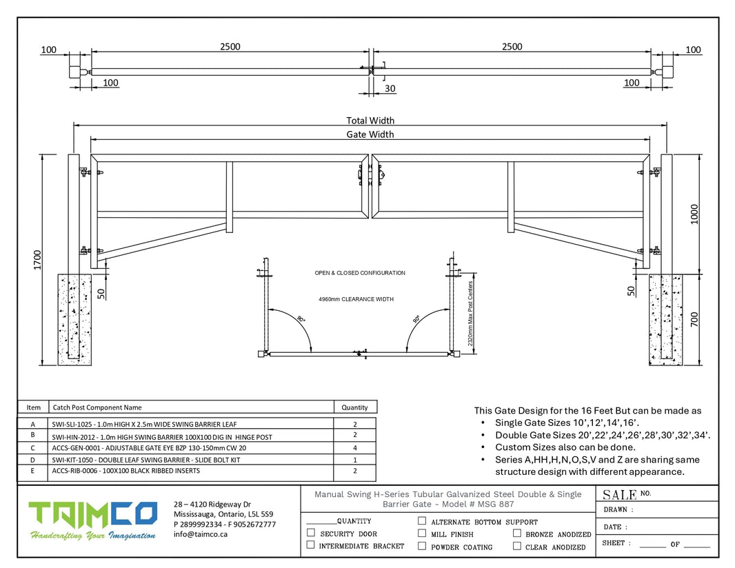 Manual Swing H-Series Tubular Galvanized Steel Double and Single Barrier Gate | Made in Canada– Model # MSG 887