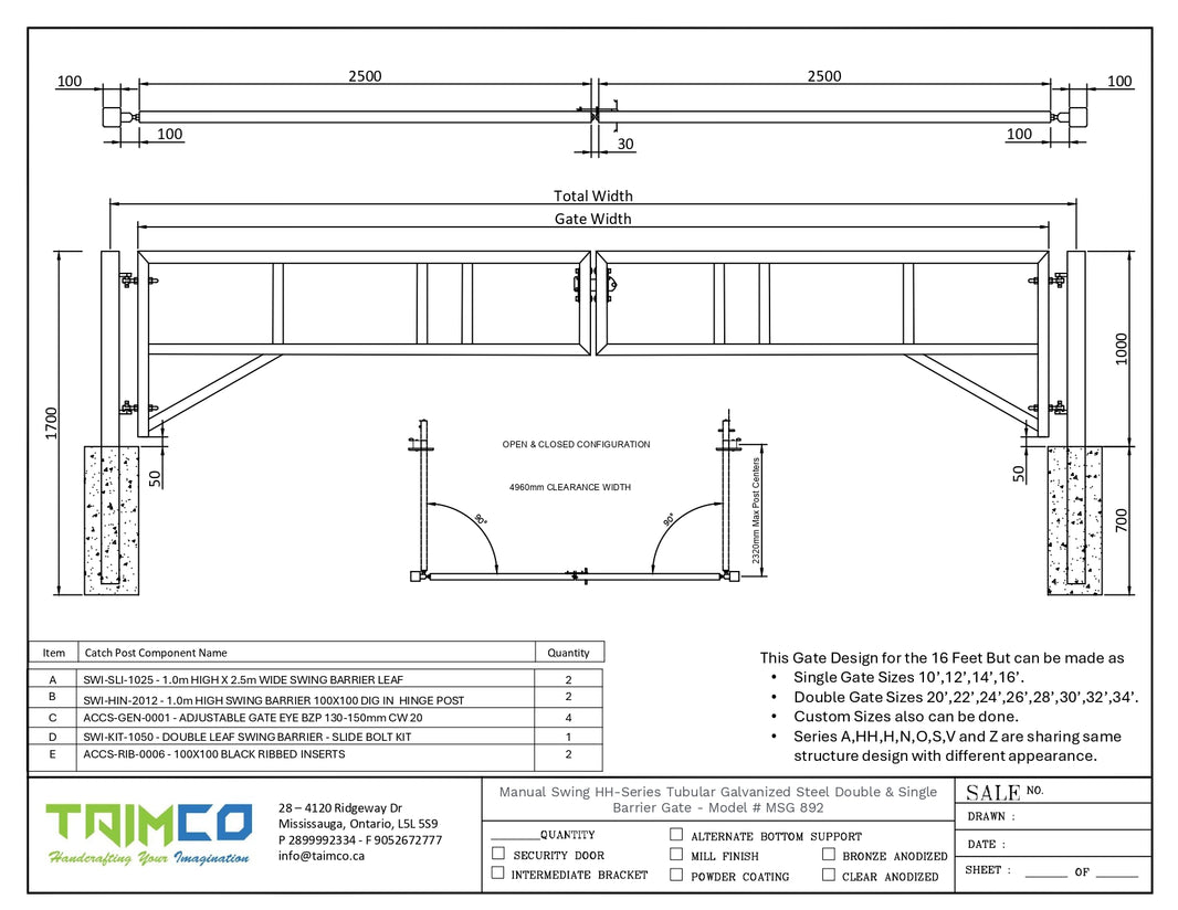 Manual Swing HH-Series Tubular Galvanized Steel Double and Single Barrier Gate | Made in Canada– Model # MSG 892