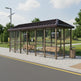 Side profile of modern bus stop shelter featuring angled roof design and transparent glass enclosure.