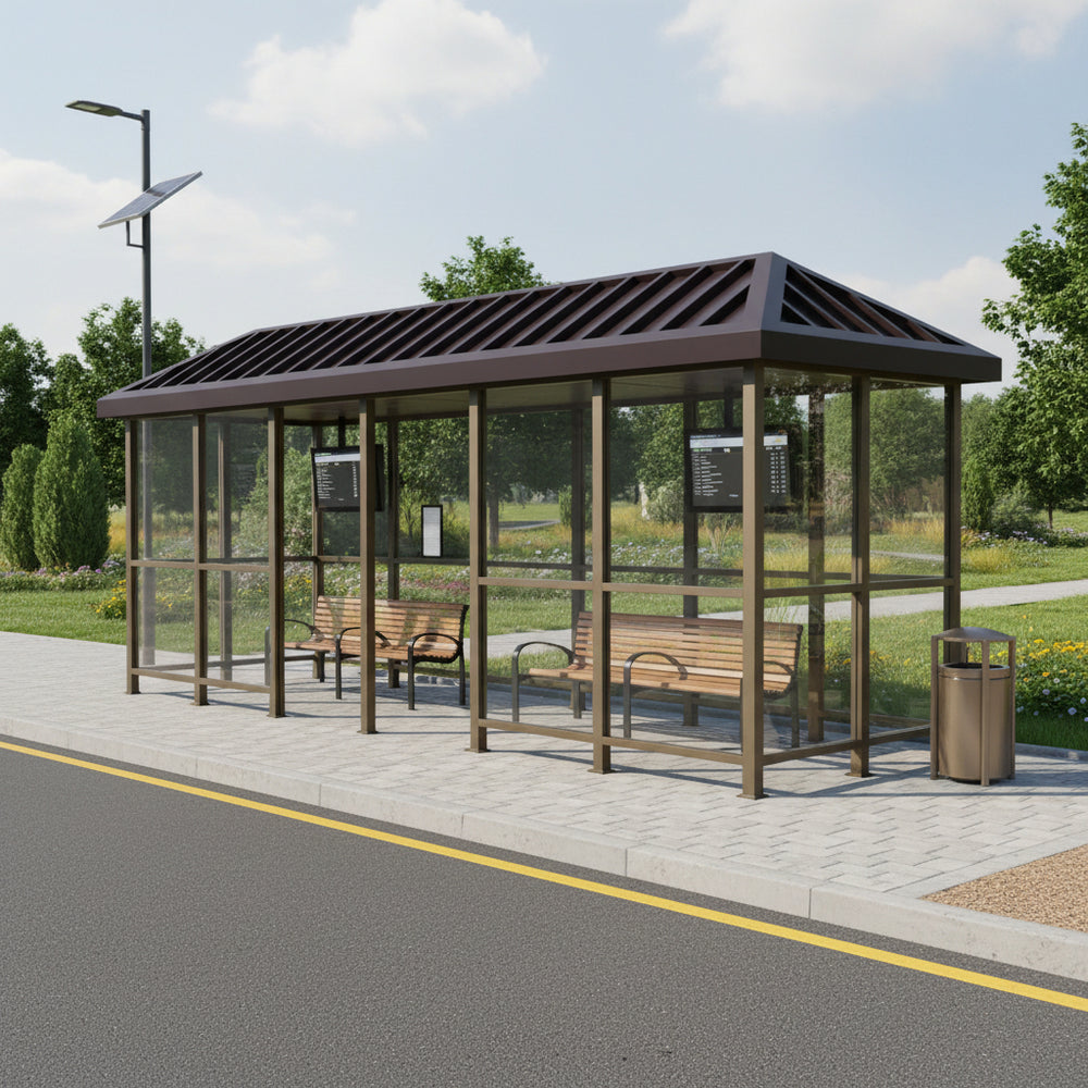 Side profile of modern bus stop shelter featuring angled roof design and transparent glass enclosure.