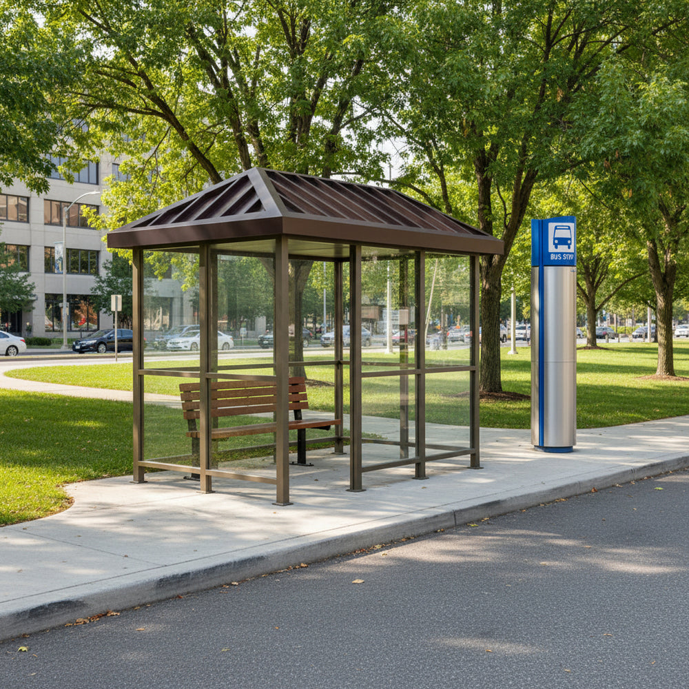 Interior of TAIMCO bus stop shelter with bronze frame and open waiting area.