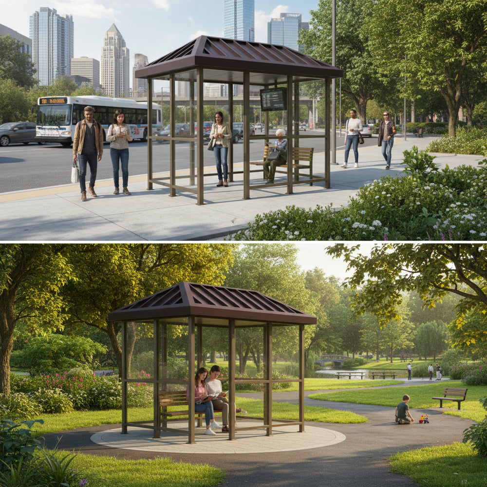Structural beam and support detail of TAIMCO metal bus stop shelter showcasing commercial‑grade fabrication.