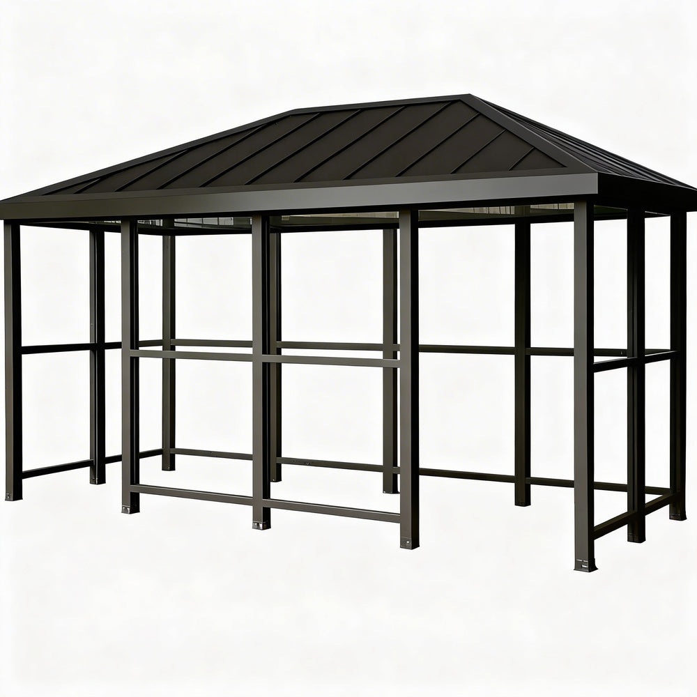 TAIMCO bus stop shelter installed outdoors with hip‑top roof and glass side panels for public transit use.