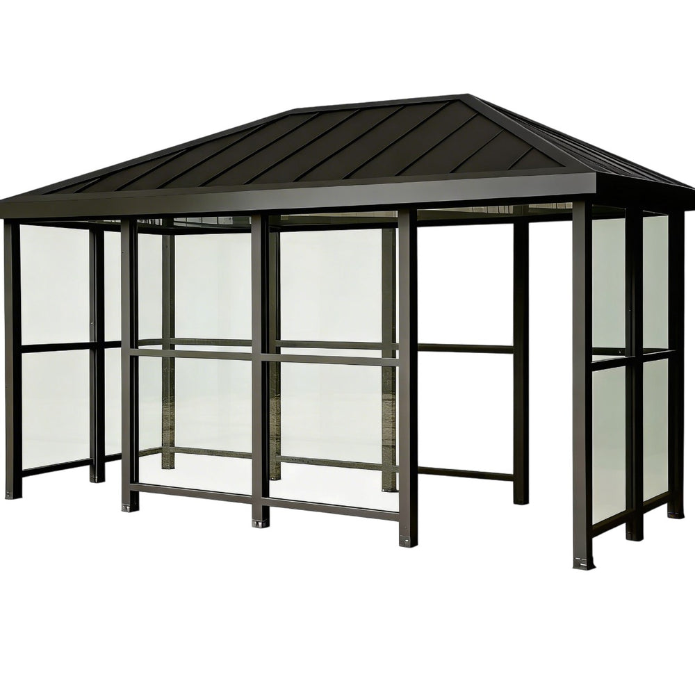 TAIMCO bus stop shelter with hip‑top roof and full glass side panels.