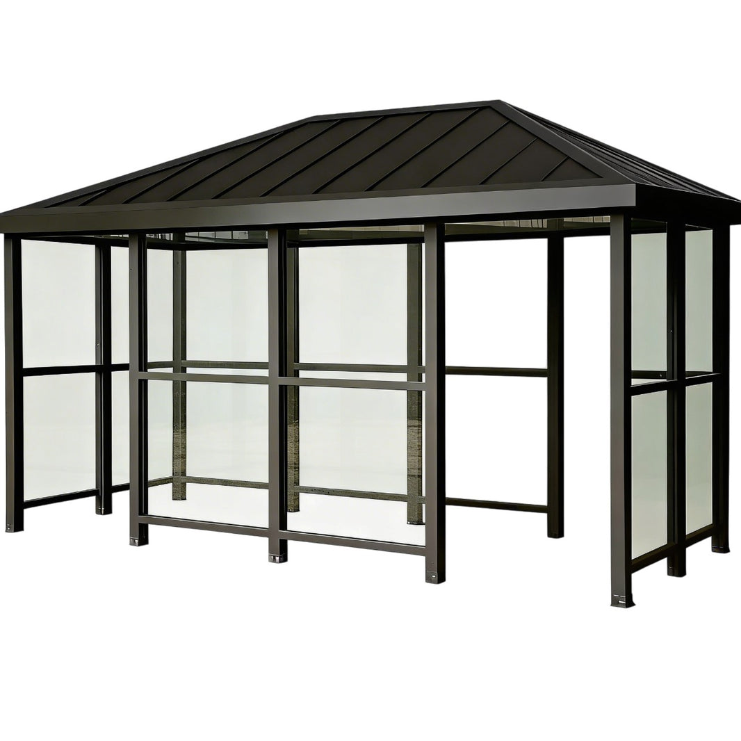 TAIMCO bus stop shelter with hip‑top roof and full glass side panels.