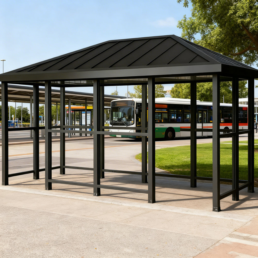 Close‑up of hip‑top roof panel on TAIMCO bus stop shelter showing durable weather‑resistant construction.