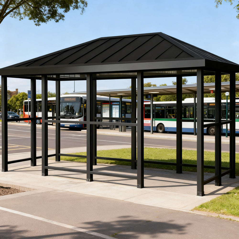 Structural beam and support detail of TAIMCO metal bus stop shelter showcasing commercial‑grade fabrication.