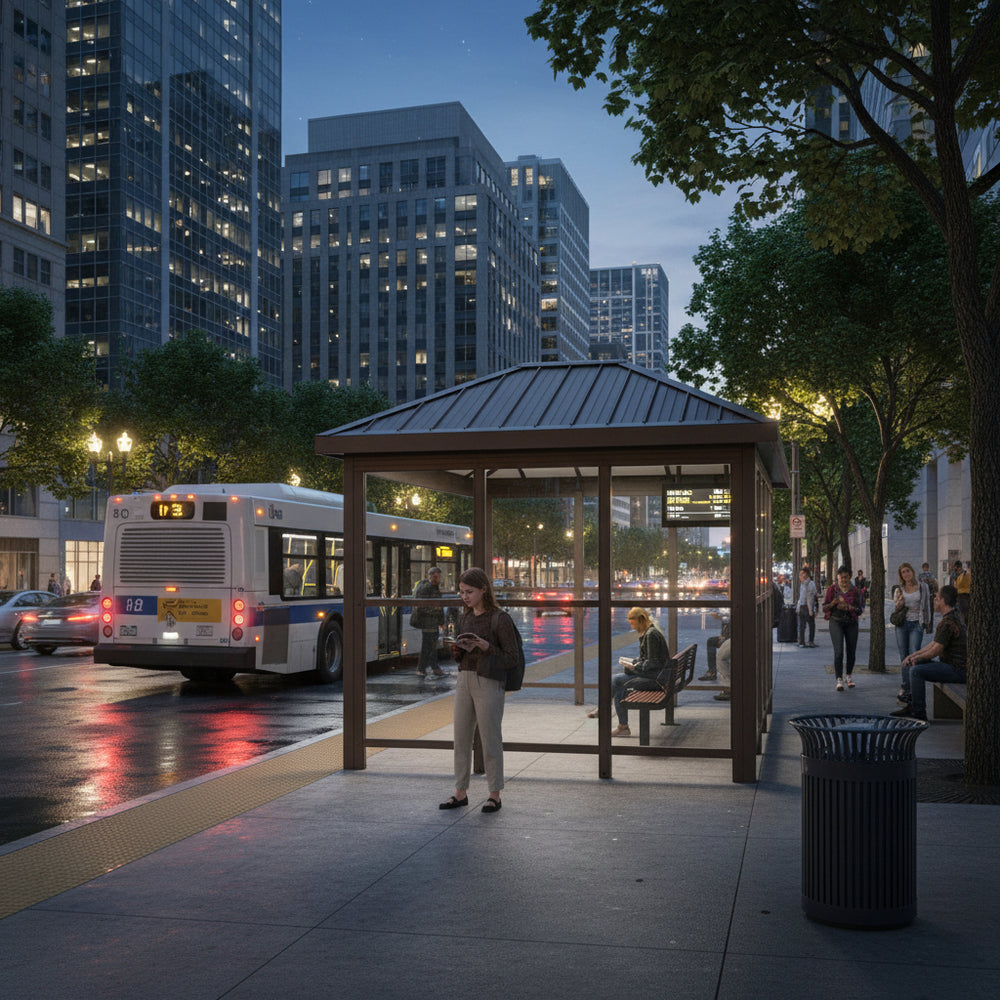Structural beam and support detail of TAIMCO metal bus stop shelter showcasing commercial‑grade fabrication.