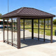 Structural beam and support detail of TAIMCO metal bus stop shelter showcasing commercial‑grade fabrication.
