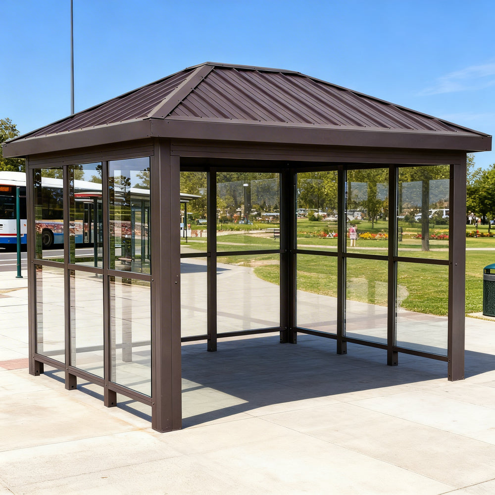 Structural beam and support detail of TAIMCO metal bus stop shelter showcasing commercial‑grade fabrication.