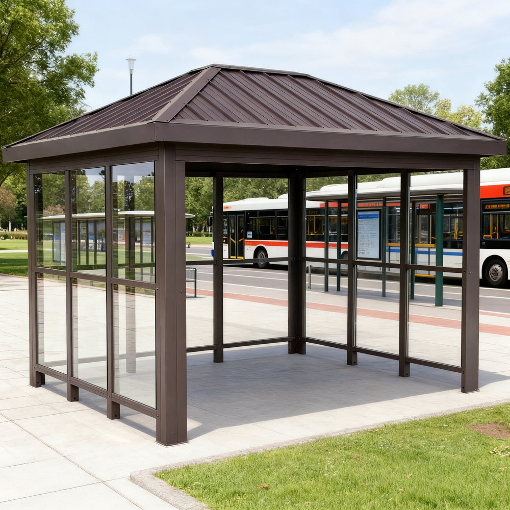 Bronze‑tone steel frame and precision‑welded joints on TAIMCO bus stop shelter.