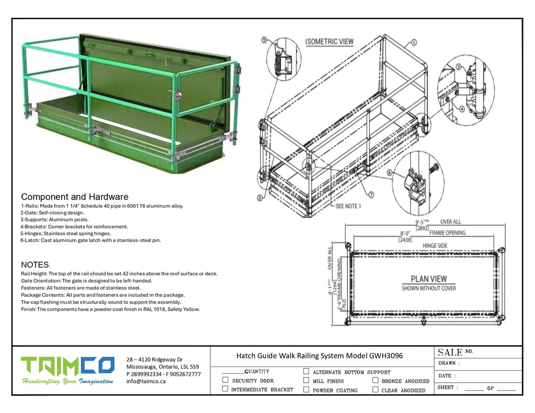 30"x96" Hatch Guide Walk Railing System Model GWH3096