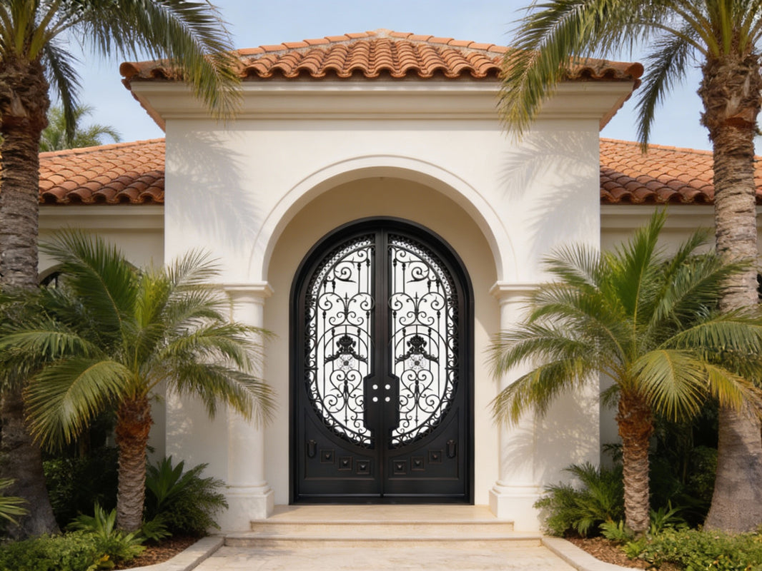 Arched Wrought Iron Double Swing Entry Doors with Decorative Scrollwork and Operable Glass Inserts Model IWD899