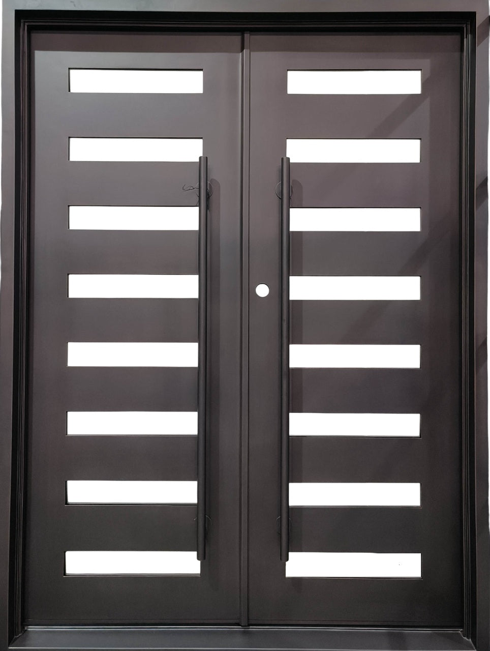 Square Top Wrought Iron Entry Door with Kickplate Base and Matte Black Finish Model # IWD 922