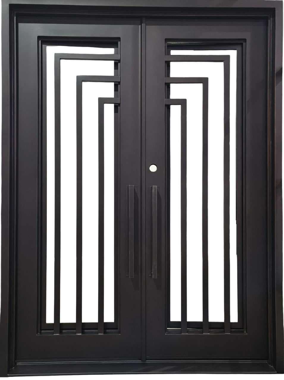 Square Top Wrought Iron Entry Door with Kickplate Base and Frosted Glass Accents Model # IWD 924