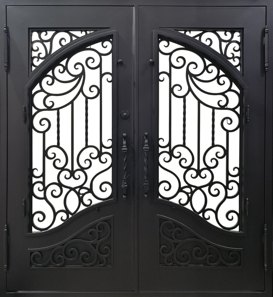 Wrought Iron Double Door with Square Top, Scroll Vines, and Circular Medallion Accents – Model # IWD 943