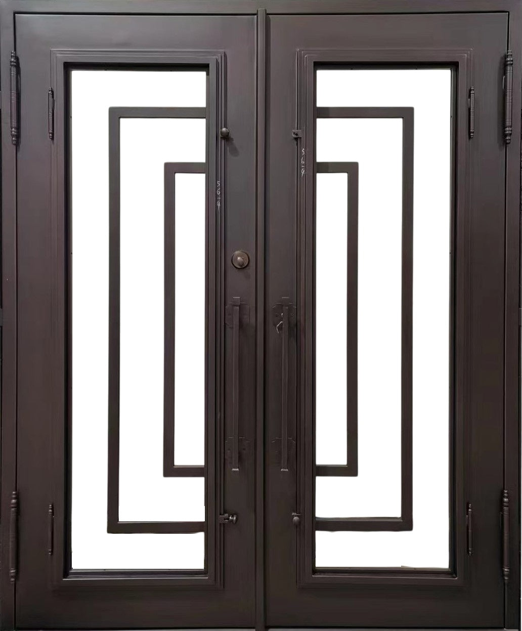 Square Top Wrought Iron Entry Door with Kickplate Panel and Matte Black Finish Model # IWD 947