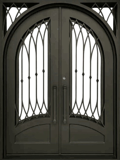 Arched Wrought Iron Double Door with Diamond Lattice and Scrollwork Design – Model # IWD 967
