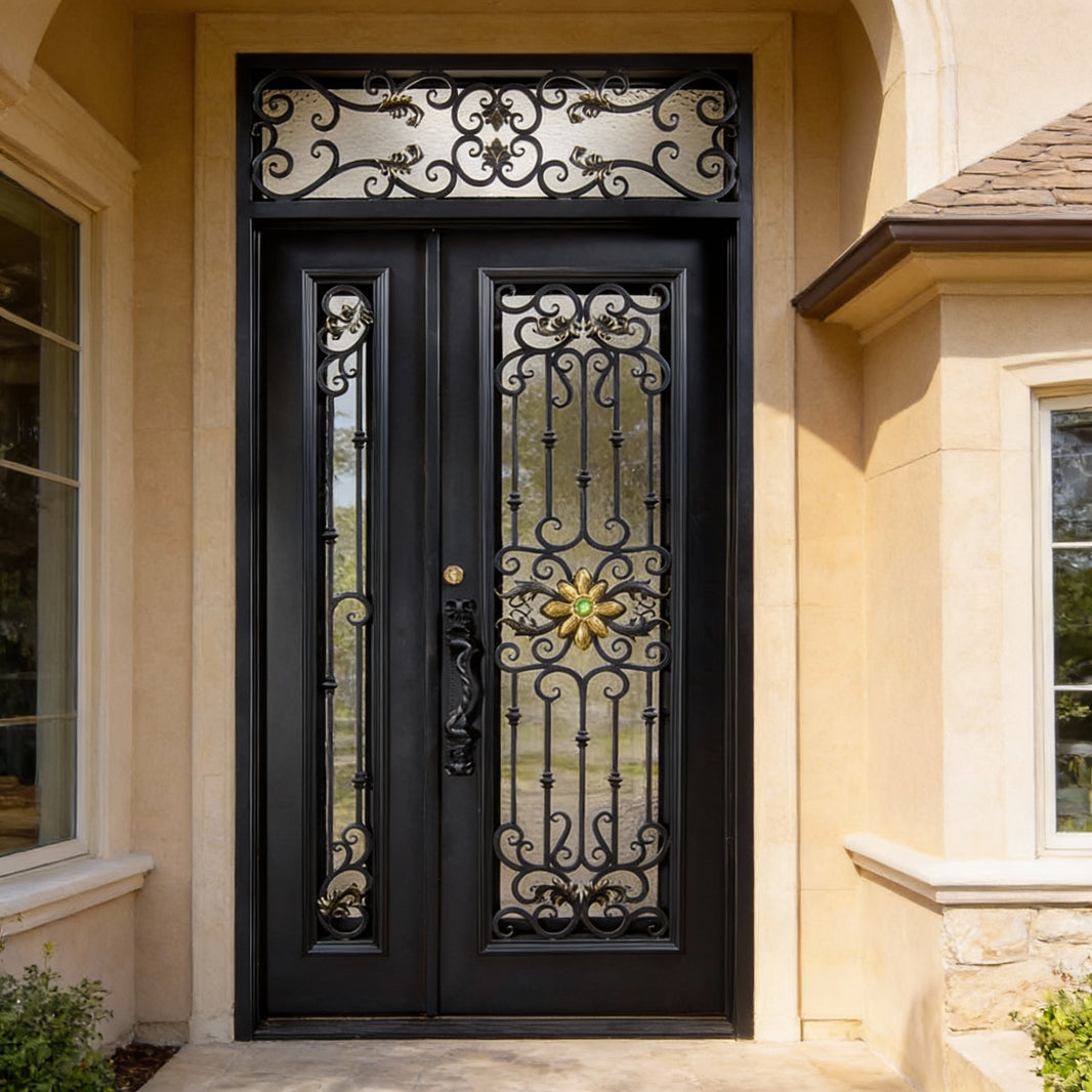 Square Top Wrought Iron Entry Door with Kickplate Panel and Decorative Scrollwork Model # IWD905