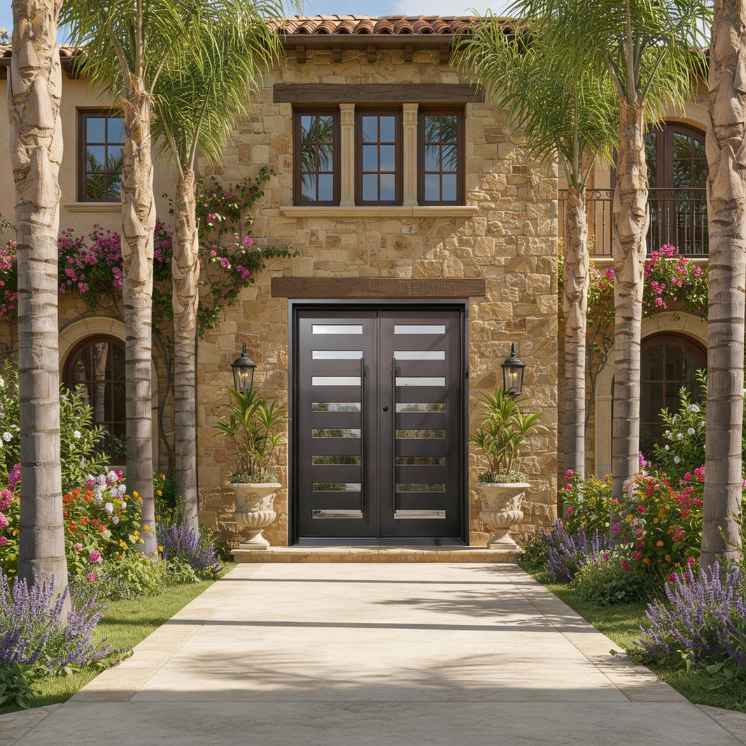 Square Top Wrought Iron Entry Door with Kickplate Base and Matte Black Finish Model # IWD922