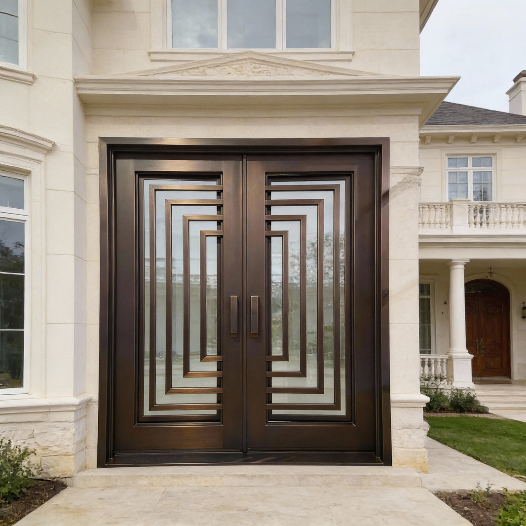 Square Top Wrought Iron Entry Door with Kickplate Base and Frosted Glass Accents Model # IWD924