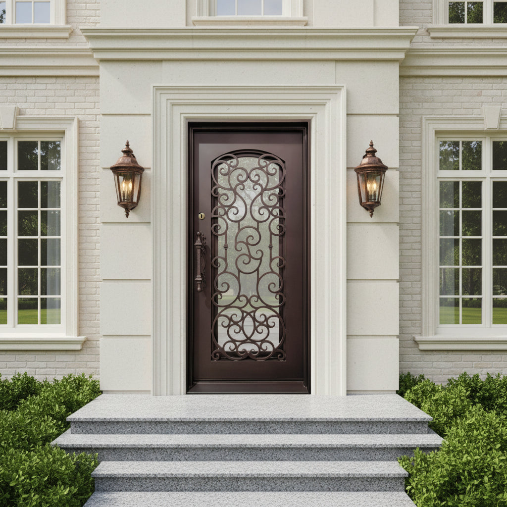 Square Top Wrought Iron Entry Door with Kickplate Panel and Matte Black Finish Model # IWD928