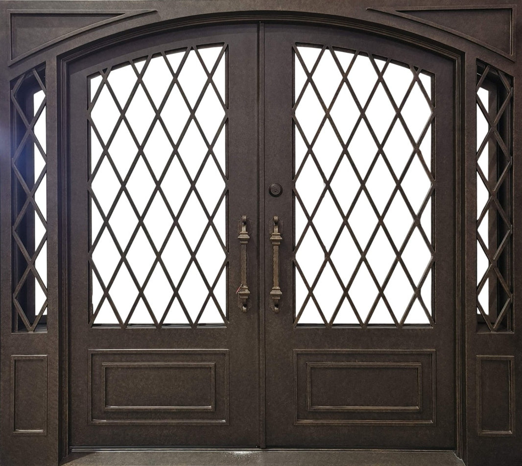 Square Top Wrought Iron Double Entry Doors with Vertical Scroll Panels and Transom Window Model # IWD933