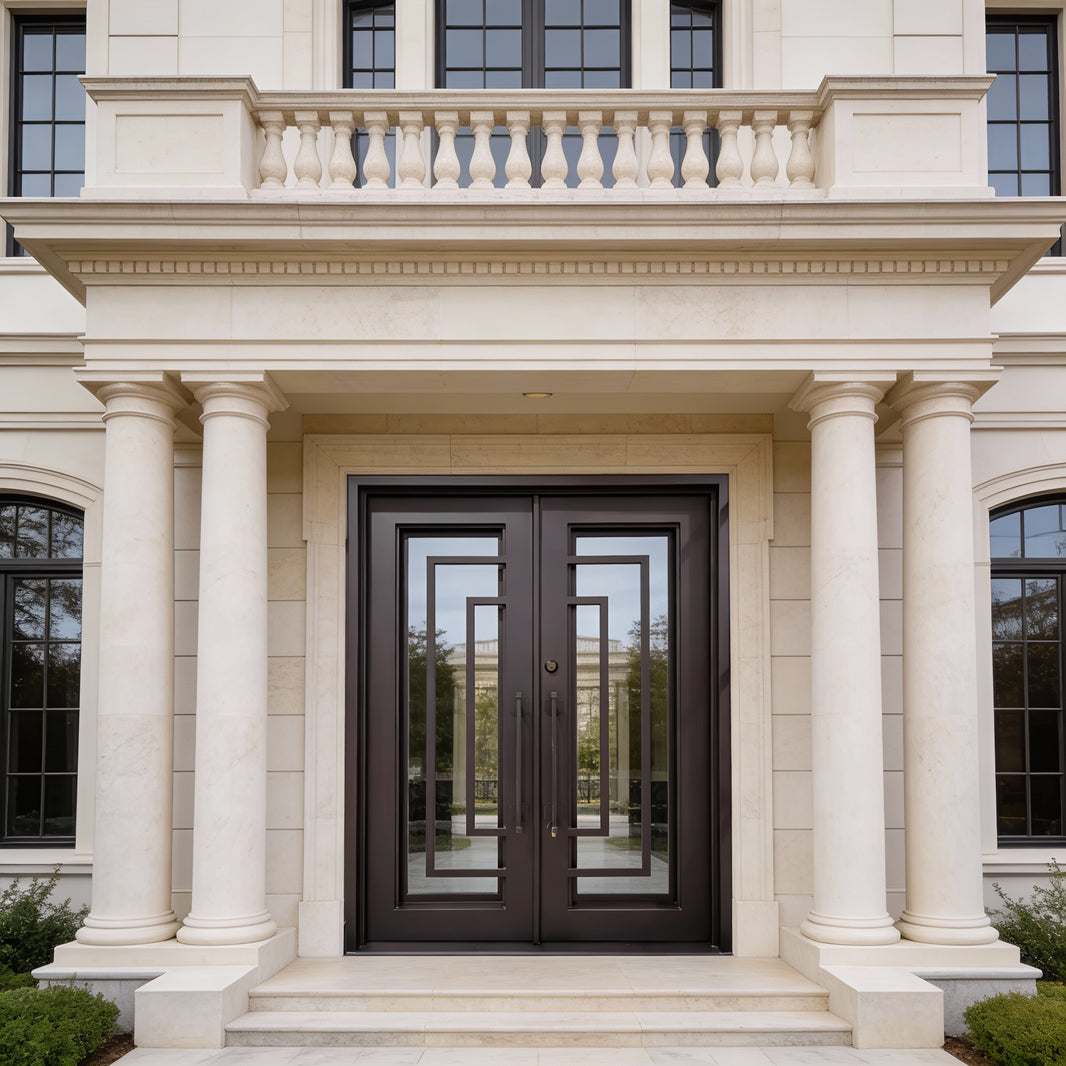 Square Top Wrought Iron Entry Door with Kickplate Panel and Matte Black Finish Model # IWD947